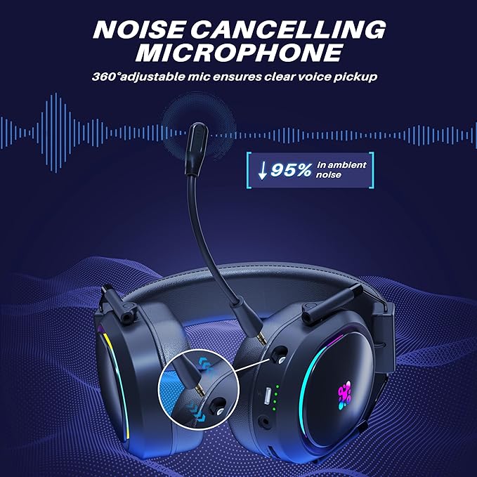 Wireless Gaming Headset for PS5 PS4, Bluetooth 2.4GHz Headphones with Noise Cancelling Mic, 23ms Low Latency Audio, 50+ Hrs & Surround Sound Memory Foam for Switch, Laptop, Mobile, Mac (rgb black)