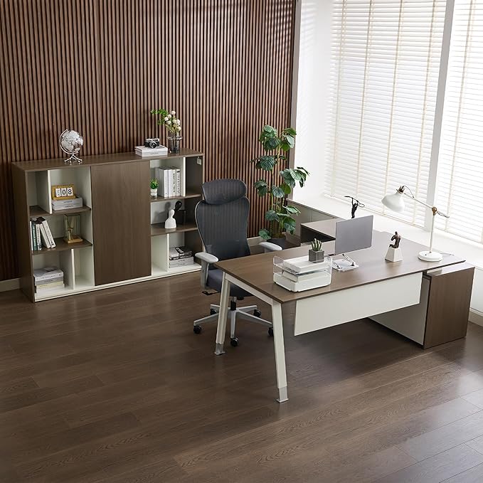 Okeysen 2-Piece L-Shaped Executive Desk Office Set with Chair and Cabinet