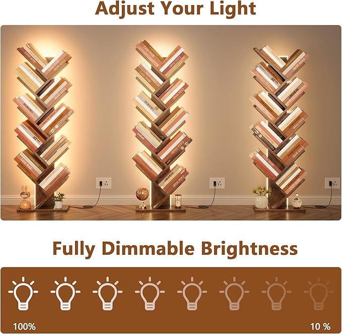Hoctieon 10 Tier Tree Bookshelf, Tall Bookcase, Freestanding Book Shelf with LED Lights, Display Floor Standing Storage Shelf, Book Organizer Shelves for Home Office, Living Room, Rustic Brown