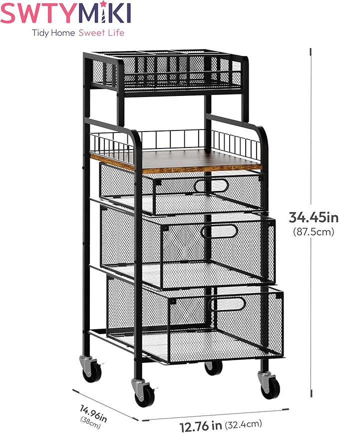SWTYMIKI Office Rolling Cart with 3 Drawers - Metal Utility Cart with Wood Shelf, DIY Divider and Locking Wheels, Craft & Art Cart Organizer for Under Desk Storage for Home Office Studio, Espresso
