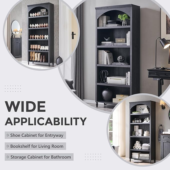 IFGET 76" Tall Arched Bookcase, Farmhouse 5 Tiers Large Arched Bookshelf Cabinet with Adjustable Shelves, Modern Wooden Book Shelf w/Storage and Open Display Shelves for Living Room, Office-Dark Grey