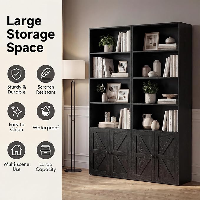 YESHOMY Farmhouse Bookshelf and Bookcase with Doors, Industrial Bookshelves and Bookcases Floor Standing Display 6-Tier Shelf Storage Shelves 71.5 inchs for Home Office, Living Room, Black, 2 PCS