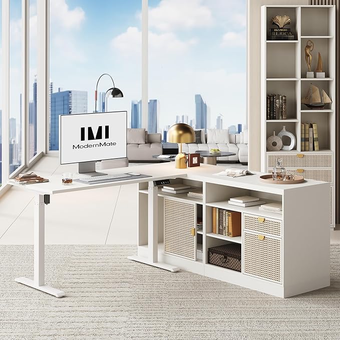 ModernMate Home Office Furniture Sets, 67" L Shaped Desk with 2 File Cabinets, AC/USB, Height Adjustable Executive Office Desk with 73" Bookshelf, White Rattan