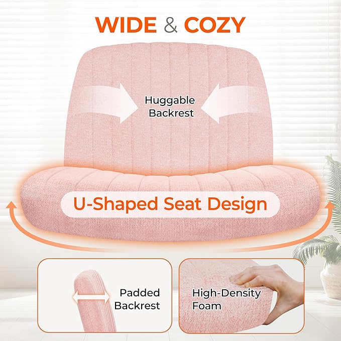 Orange Factory Criss Cross Chair Wheels Wide Cross Legged Office Desk Vanity Chair Comfy Fabric Armless Adjustable Swivel for Home Computer Task (Pink Wheel, Fabric)