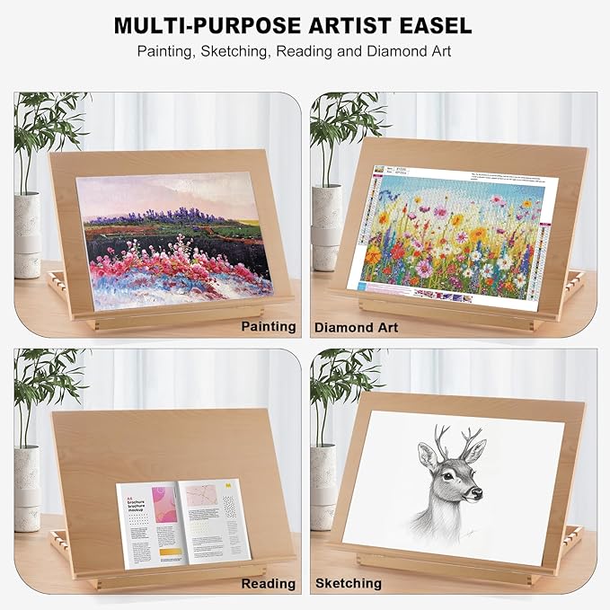 Tabletop Easel for Painting, 24.88"x17.28" Extra Large Adjustable Beechwood Drawing Board, Art Easel for Painting Sketching and Display Stand, Ideal for Diamond Art