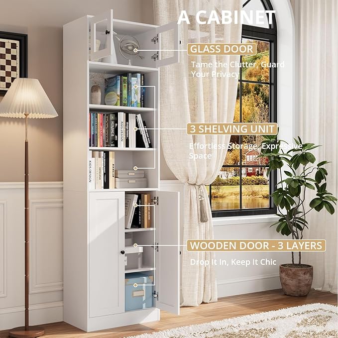 TUSY 85.5 Inch Tall Bookshelf with Doors - 7 Tier Bookcase with Glass Doors and Drawer, 23.6" Wide Storage Cabinet with Open Shelves for Living Room, White Book Shelf for Home Office, Study (ABBA)