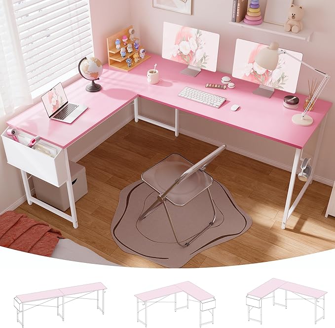 Pamray 64.5 Inch Reversible L Shaped Gaming Desk Large Corner Computer Desk with Storage Bag Home Office Table for Writing Study Pink