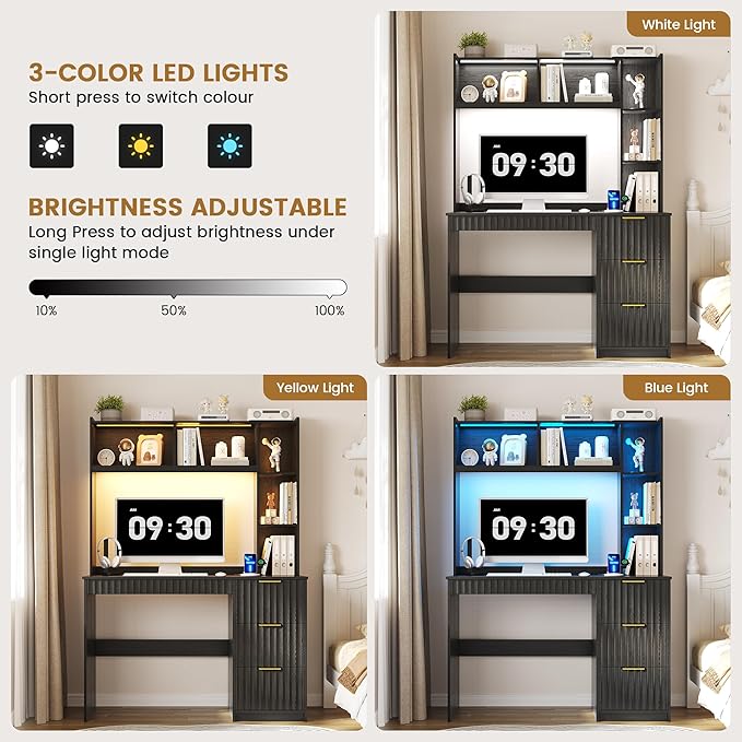 Lvifur Home Office Desk - with Hutch & Storage Cabinet,LED Study Desk with Outlet and 3 Color LED and Card-Based Lock,Writing Desk Computer Desks for Studyroom,Ideal for Office Set,Black