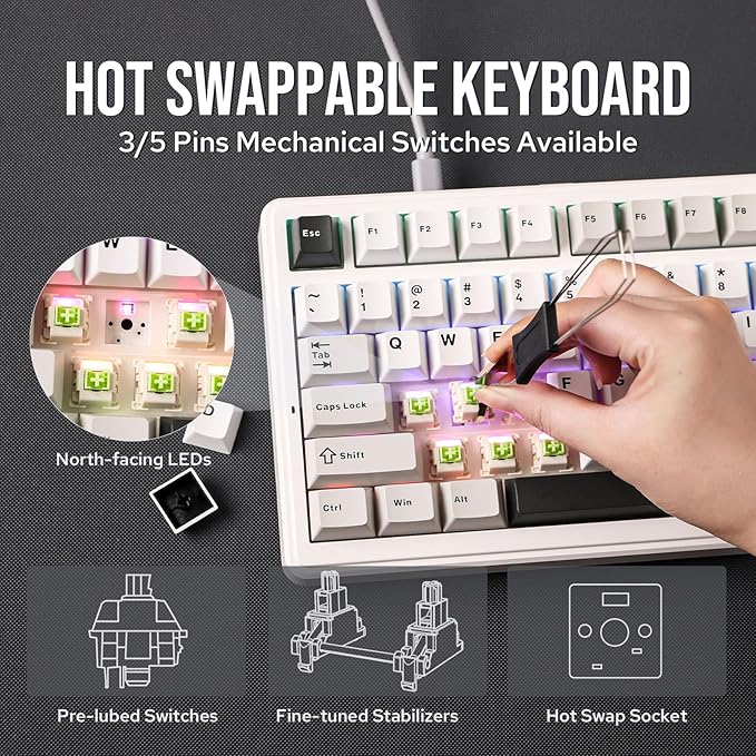EPOMAKER x Aula F99 Wireless Mechanical Keyboard, Hot Swappable Gasket Custom Gaming Keyboard with Five-Layer Padding, BT/2.4GHz/USB-C, 8000mAh Battery (White Grey, Nimbus V3 Switch)