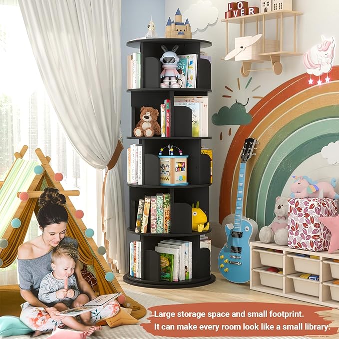 Besiost Rotating Bookshelf Tower, 5 Tier Spinning Bookcase, Revolving 360 Book Shelf Narrow Tall Bookcase, Vertical Turning Round Bookshelf Organizer, Wood Corner Book Shelf for Small Space, Black