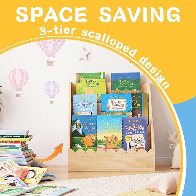 BALAPET Scalloped Book Shelf for Kids, 3-Tier Wooden Bookshelf Perfect Height for 1-5 Years Toddler, Durable Bookcase Book Organizer for Nursery Room(Wooden,16.5 * 16.5 * 10.6in)