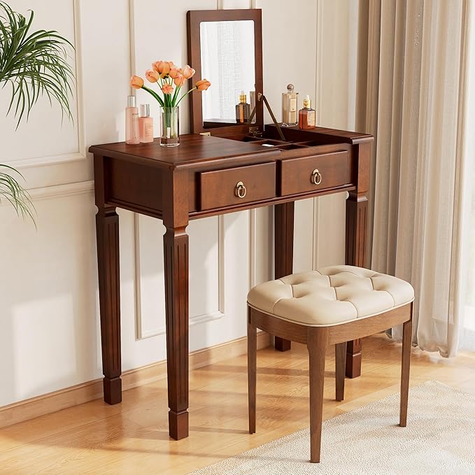 Flip Top Wood Makeup Vanity Desk Set with Mirror, Small Vintage Dressing Vanity Table Set with 2 Drawers & Matching Padded Bench Stool Writing Desk with Button Tufted Cushioned Stool, Cherry&Beige