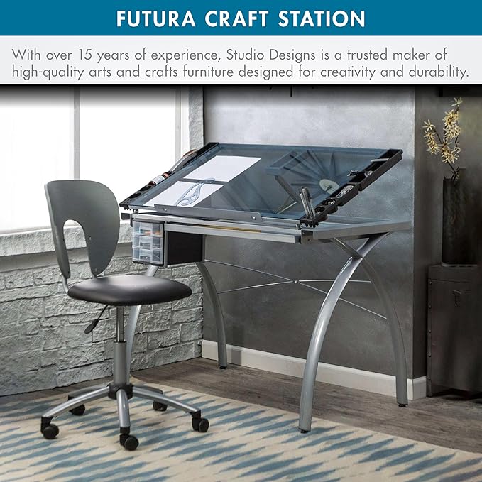 SD Studio Designs 10050 Futura Craft & Drawing Table with Adjustable Tempered Safety Glass Top – Modern Art Desk with Storage Drawers, Pencil Ledge, Silver/Blue Glass