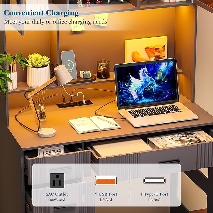 WOOVIVS LED Desk with Outlet Charging Station, Home Office Desk with LED Auto Lights, Computer Desk with Hutch and Drawer for Small Space, Workstation Writing Desk for Bedroom,Adjustable (Grey)