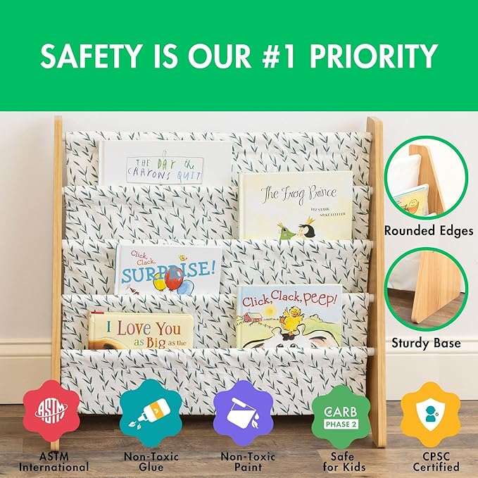 Humble Crew 4-Tier Kids Bookshelf, Natural/White/Green - Premium Book Shelf for Kids Rooms with Four Deep Pockets - Toddler Sling Book Rack with Deep Sleeves, Nursery Bookcase Organizer