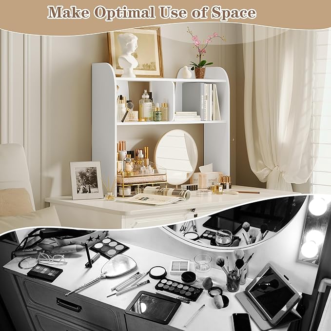 Wooden Desktop Bookshelf 37”,3-Tier Rounded-Edge Desk Storage Organizer,Space-Saving Countertop Shelf for Office Dorm Home,White