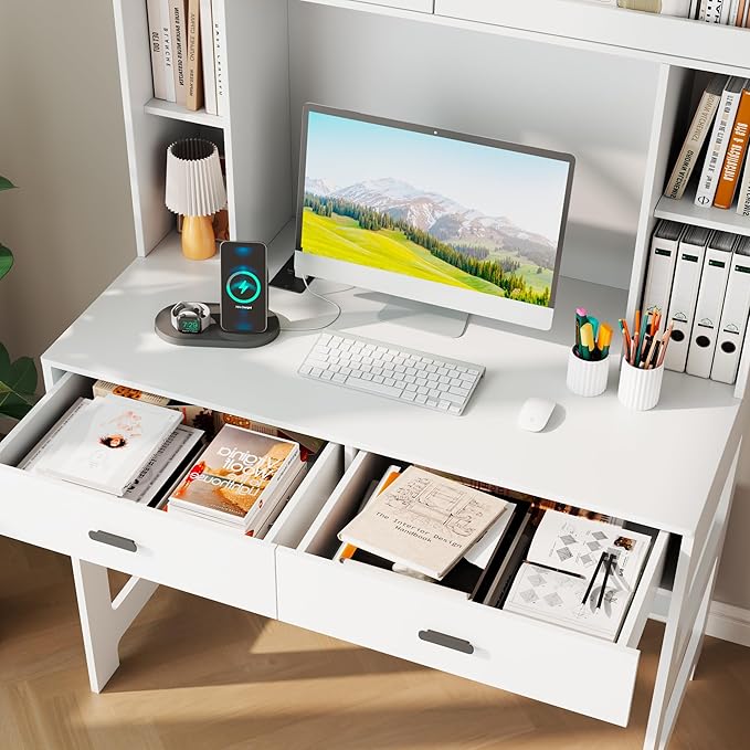 Vlsrka Home Office Desk with Hutch and Drawers, 40" Computer Desk with Storage Shelves and LED Lights, Modern Wooden Writing Study Table with Charging Station for Bedroom, White