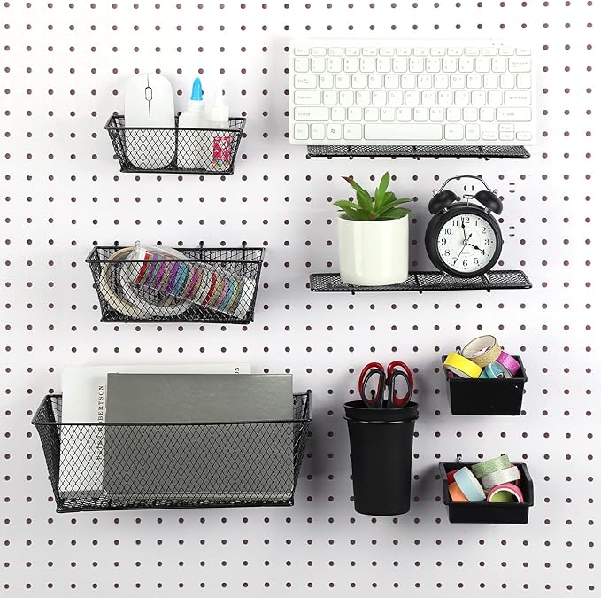 Sieral 30 Pcs Pegboard Organizer Accessories Kit Includes Peg Board Shelving Storage Basket Organizer Bins Hooks Loops Cup with Cup Holder for Garage Room Wall Attachments Tools(Black)