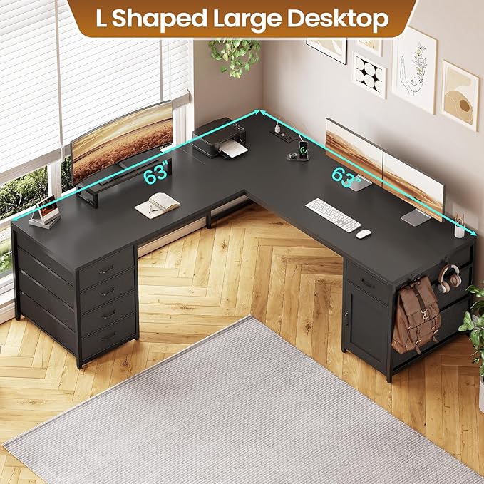 SEDETA L Shaped Desk, 63'' Corner Desk with 5 Drawer & Power Outlet, Larger Home Office Desk or Gaming Desk, L Shaped Corner Desk with Monitor Shelf, Storage Cabinet, Black