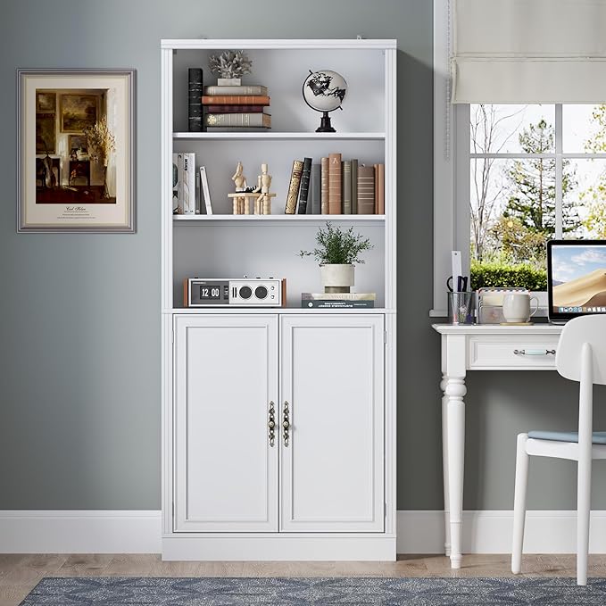BORNOON 70.1" Tall Bookshelf with Cabinet, 5-Tier Floor Standing Bookcase with Doors & Adjustable Shelves, 31.5" Wide Storage Shelf, Metal Handles, Modern Organizer for Home Office, Living Room