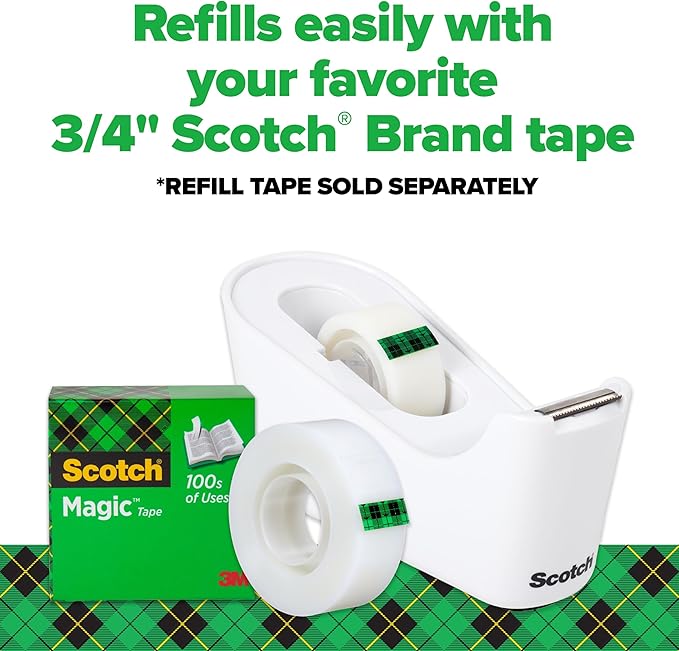 Scotch Tape Dispenser,White,Great for School or Office and Includes 1 Roll of Scotch Magic Tape 3/4 in x 350 in,ABS Material,(Pack of 4)