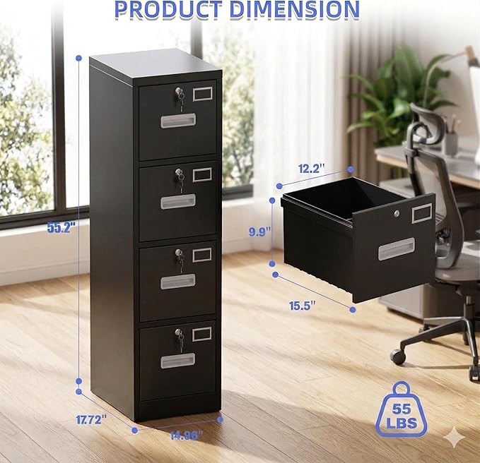 SUXXAN 4 Drawer File Cabinet, Metal Vertical Black Filing Cabinets with Locks Name Card Holder for Home Office, Assembly Required