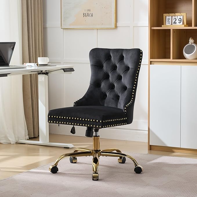Goujxcy Desk Chair, Modern Velvet Upholstered Tufted Button Home Office Chair, 360° Swivel Armless Desk Chairs, 120°Rocking Ergonomic Computer Task Vanity Chairs, Black