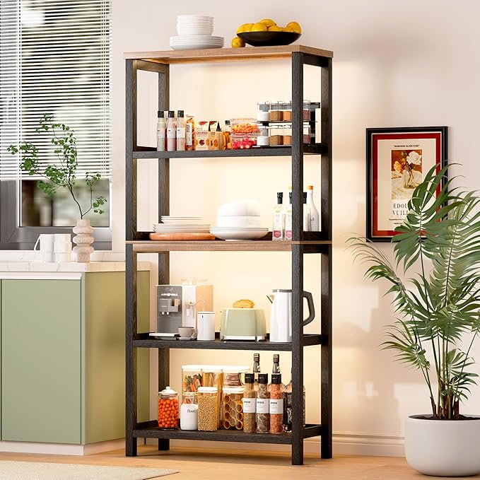Vlsrka Wooden Bookshelf with Lights, 5 Tier Bookshelf with Storage, Tall Bookcase with Open Shelves, Standing Bookshelves Display Rack for Living Room, Home Office, Black