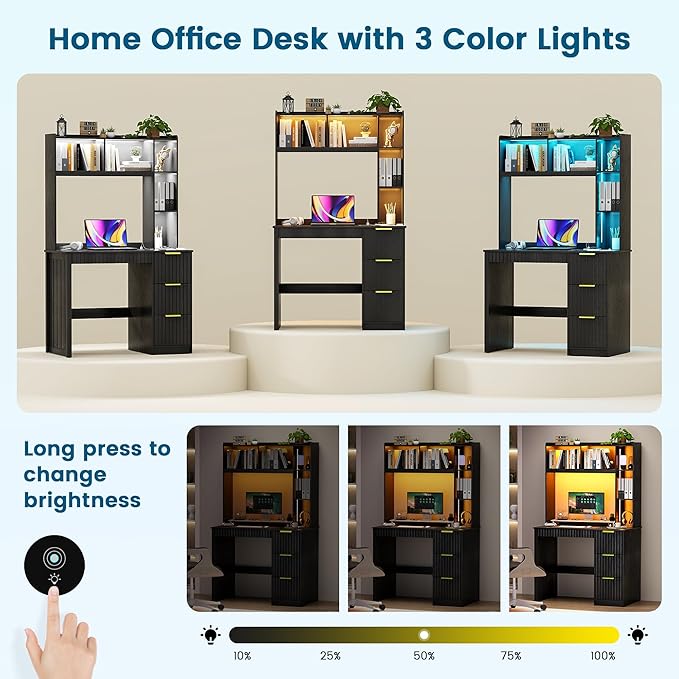 WOOVIVS Home Office Desk with Hutch & LED Lights - 39" Computer Desk with Charging Station, 3 Large Drawers, Hidden Compartment & Fluted Panel Design,Black Writing Desk for Bedroom, Study