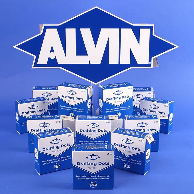ALVIN Drafting Dots Model DM123D Display Pack, Low Tack Adhesive, Ideal for Drafting, Tracing, Drawing, and Household Use, Easy Removal with No Residue - 12 Rolls