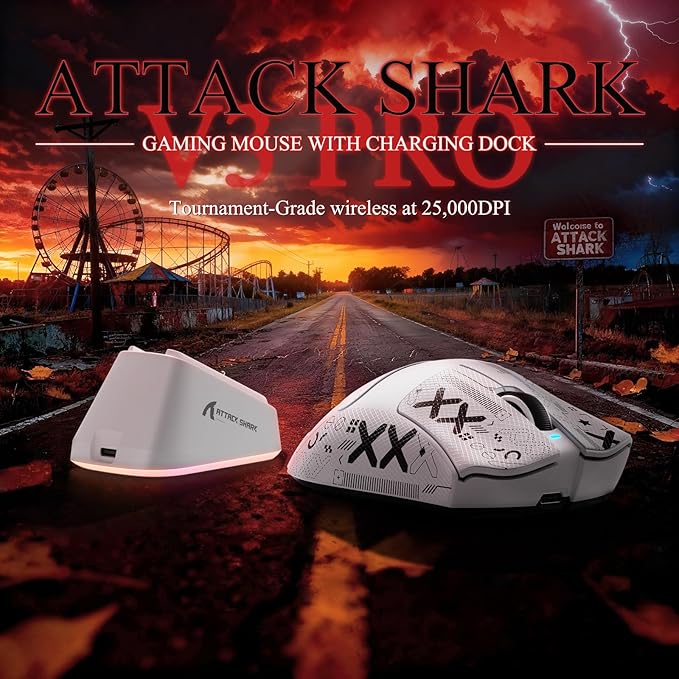 MAMBASNAKE Attack Shark V3 PRO 62g Superlight Wireless Gaming Mouse,RGB Charging Dock,BK52820 Tri-Mode BT/2.4G Wireless/Wired Mouse with Grip Tape,25000DPI,5 Programmable Buttons for Pc/Mac,White PRO