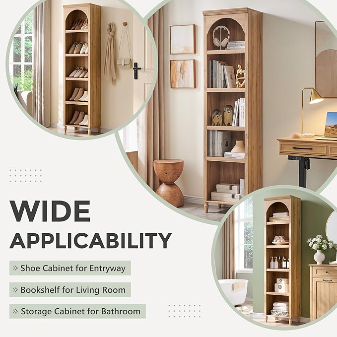 IFGET 76" Tall Arched Bookcase, Farmhouse 5 Tiers Narrow Arched Bookshelf Cabinet with Adjustable Shelves, Modern Wooden Book Shelf w/Storage and Open Display Shelves for Living Room, Office-Natural
