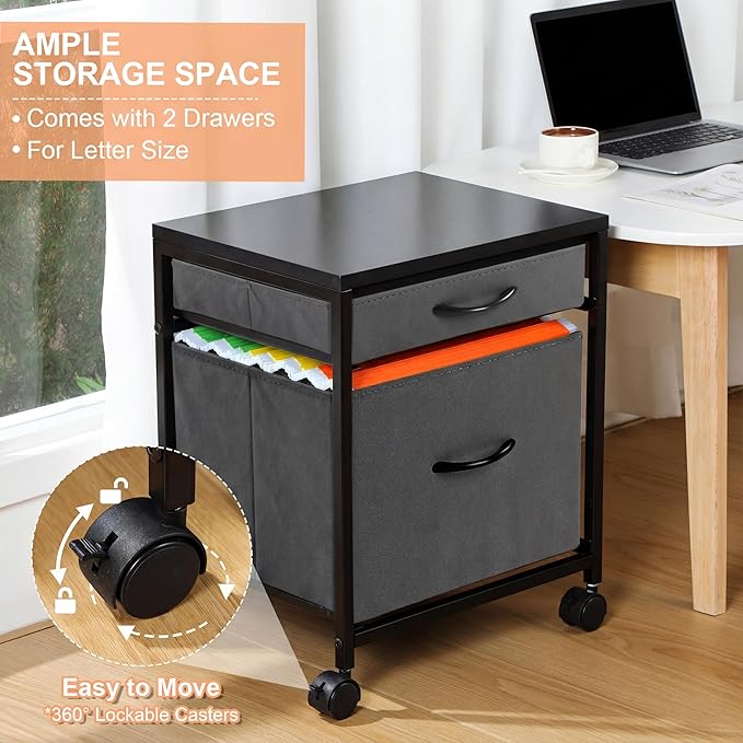 AceOrbit Printer Stand Rolling Mobile File Cabinet Cart with 2 Fabric Drawers A4 Letter Size Beside, Vertical Filing Cabinet on Lockable Wheel with Storage Under Desk for Home Office(Gray)
