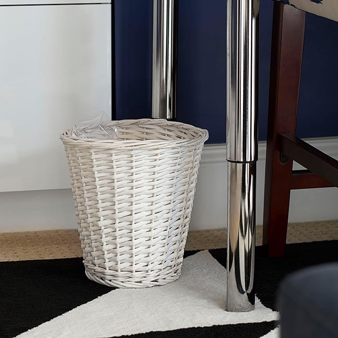 Household Essentials Wicker Waste Basket, Willow Weave Painted White, Includes Plastic Liner, Great as a Waste Basket or Decorative Planter, White