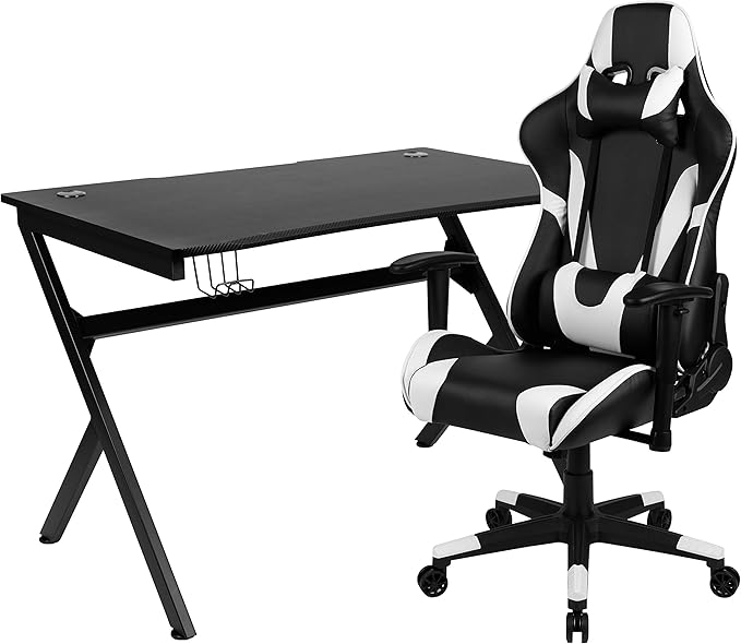 Flash Furniture Black Gaming Desk and Black Reclining Gaming Chair Set with Cup Holder, Headphone Hook & 2 Wire Management Holes