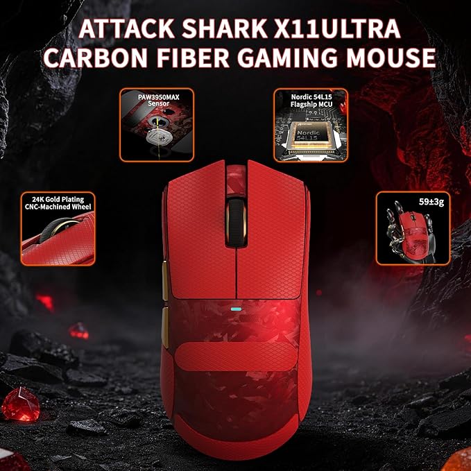 ATTACK SHARK X11Ultra 8K Carbon Fiber Wireless Gaming Mouse,Nordic 54L15 MCU,PAW3950MAX Sensor,59g Superlight,42000 DPI,BT/2.4Ghz/Wired Mouse with 100 Million Clicks,Programmable for Pc/Mac,Red pro