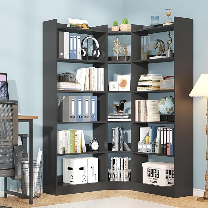 Semoic 6 Tiers Corner Bookshelf and Bookcase with Baffle, 63.1" Tall Modern L-Shaped Storage Display Book Shelf Industrial Bookshelves for Bedroom, Living Room, Kitchen, Home Office, Black