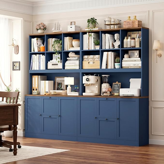 HIFIT 72'' Tall File Bookcase with Power Outlet & Printer Stand, 2 Drawer Filing Cabinets for Home Office Fit Hanging A4/Letter File, Storage Cabinet w/ 3 Tier Book Shelf & Doors for Living Room, Blue