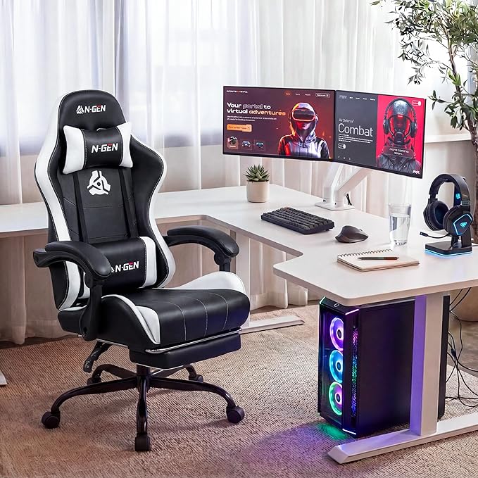 NEO CHAIR Video Gaming Chair with Footrest High Back Ergonomic Comfortable Office Computer Desk with Lumbar Support Height Adjustable with PU Leather Recliner for Adults Women Men (White)