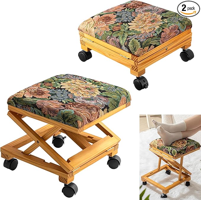 CroBlissful 2 Pack Rolling Adjustable Foot Rest Vintage Floral Foldable Under Desk Ottoman with Wheels Tapestry Foldaway Guitar Foot Stool for Home Office Living Room Bedroom