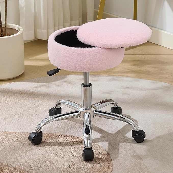 Gitrah Vanity Chair with Wheels Adjustable Vanity Stool with Storage Swivel Vanity Stool for Vanity Rolling Makeup Stool Chair Faux Fur Light Pink