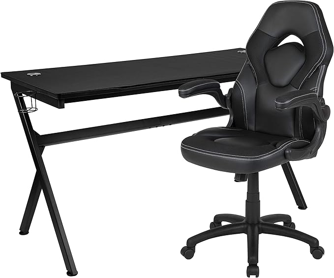 Flash Furniture Gaming Desk and Black Racing Chair Set/Cup Holder/Headphone Hook/Removable Mouse Pad Top - 2 Wire Management Holes