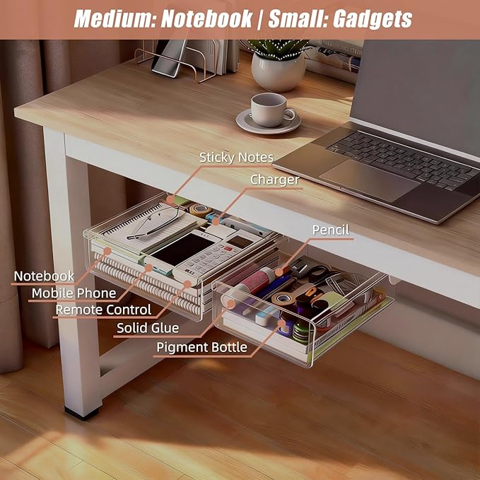 TooCust 2-Pack Under Desk Drawer for Desk with Frame & Beam, Fits Where Standard Drawers Can't, 52mm Heightened Slide Out Organizer, Dual Adhesive or Screw Mount, Clear PET Under Table Storage