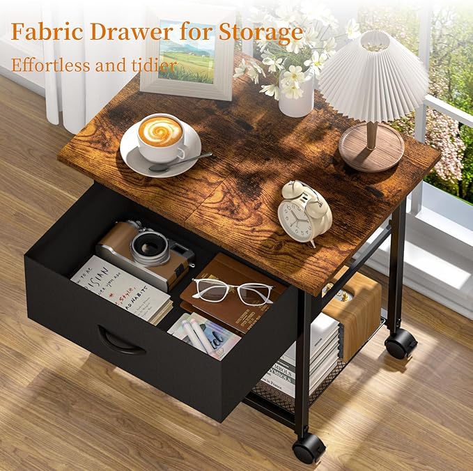 DAOUTIME 2-Tier Printer Stand with Storage Drawer, Under Desk Printer Table with Shelves, Mobile Printer Cart on Wheels for Small Spaces/Home Office, Fits 3D Printer Scanner, Rustic Brown and Black