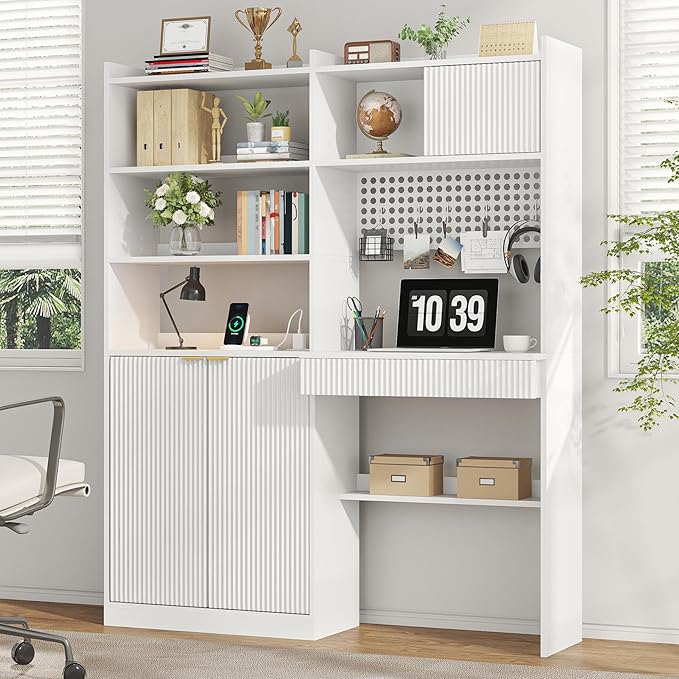 kepptory 63" Tall Computer Desk with Hutch, Fluted Wood Computer Desk, Featuring Charging Station, Drawer and Storage Cabinet, for Home Office Work and Study (White)