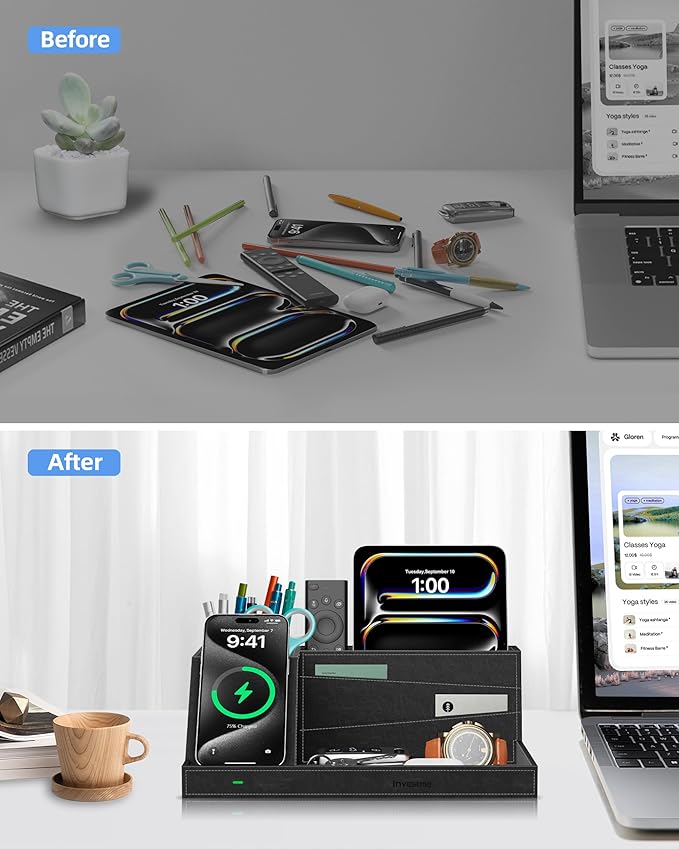 Wireless Charger with Desk Organizer, Fast Charging Station for iPhone 16/15/14/13/12/11 Pro Max, Desk Phone Charger Stand, Desktop Nightstand Organizer Pen Holder for Home Offfice Supplies