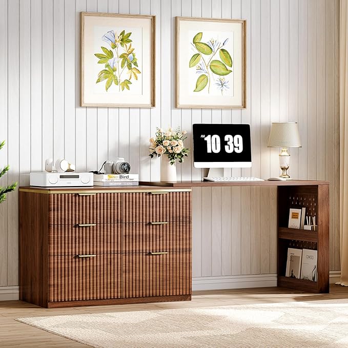 Ieejdn L Shaped Standing Desk,47" Home Office Desks, Executive, Farmhouse Computer Desk with 6 Drawers File Drawer, Rustic Computer Writing, Walnut