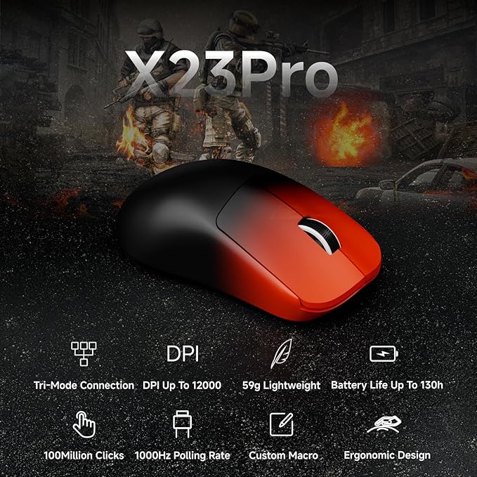 EWEAND X23 Pro Gaming Mouse, Tri-Mode 2.4G/USB-C/BT 5.4 Wireless Mouse, PAW3311 Sensor,12000 DPI, 59g Lightweight, Zero Delay, Ergonomic Computer Mouse with Anti-Slip Grip Tape for Laptop/PC/Mac-Red