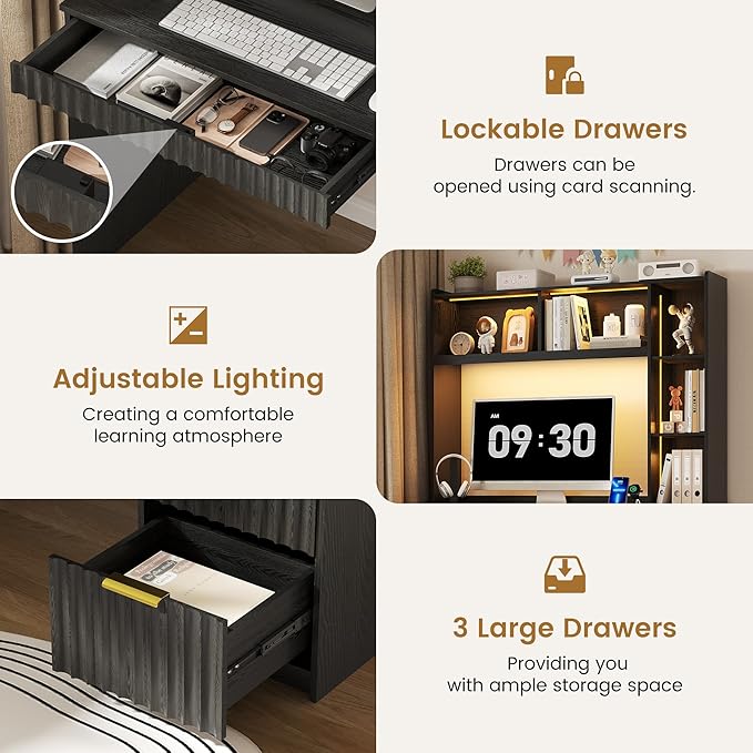 Lvifur Home Office Desk - with Hutch & Storage Cabinet,LED Study Desk with Outlet and 3 Color LED and Card-Based Lock,Writing Desk Computer Desks for Studyroom,Ideal for Office Set,Black