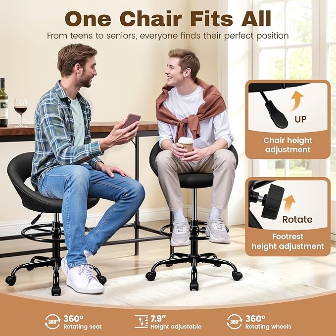 BESTFAIR Office Drafting Chair - Bar Stools with Back Support, Adjustable Foot Rest and Wheels, Shop Rolling Swivel Chair for Standing Desk Counter Kitchen Salon Home Vanity, Black 2 Pack